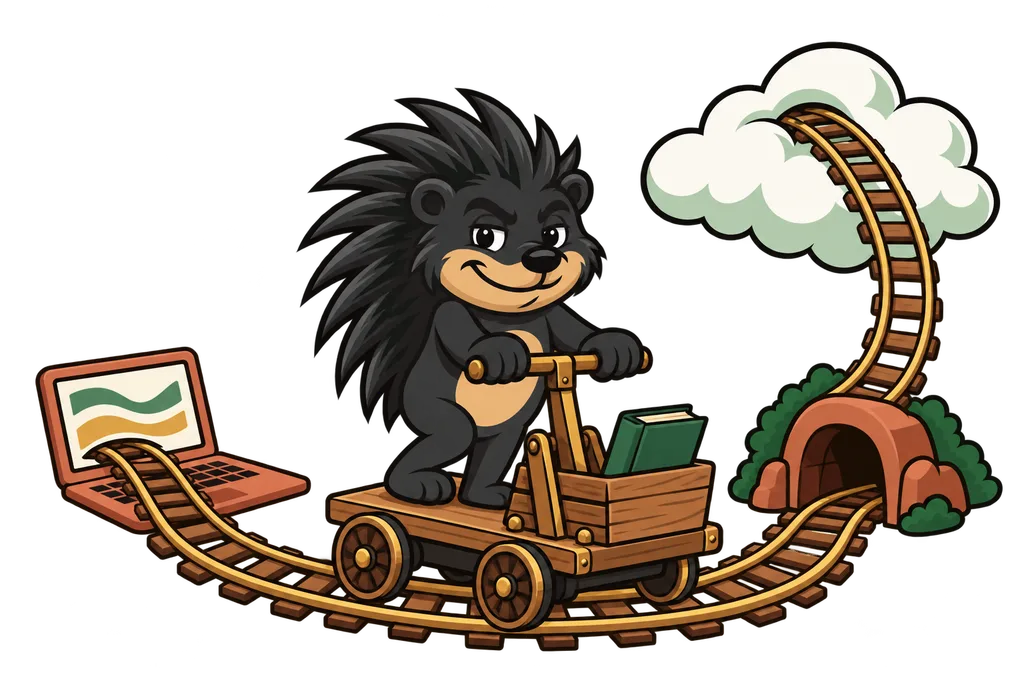 Pixl rides a toy handcar carrying a book along a track from a laptop through a tunnel to a cloud