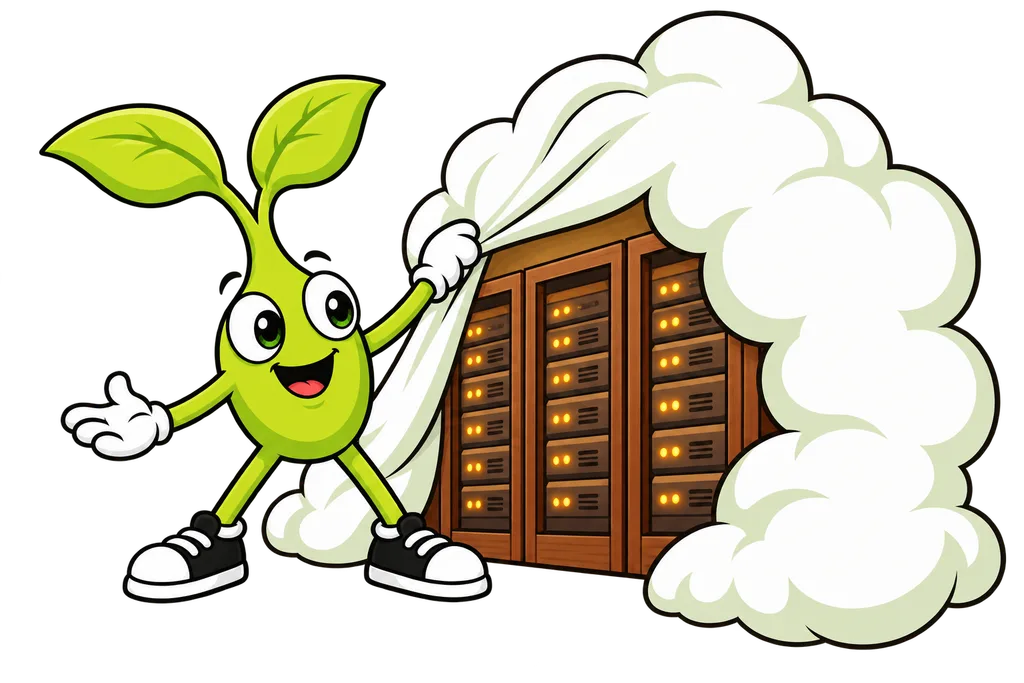 Sprout pulls a fluffy cloud aside like a curtain to reveal a row of wooden server cabinets