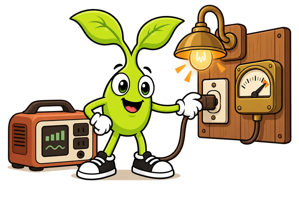 Sprout plugs a lamp into a socket with a brass meter beside it, a toy power station ignored nearby