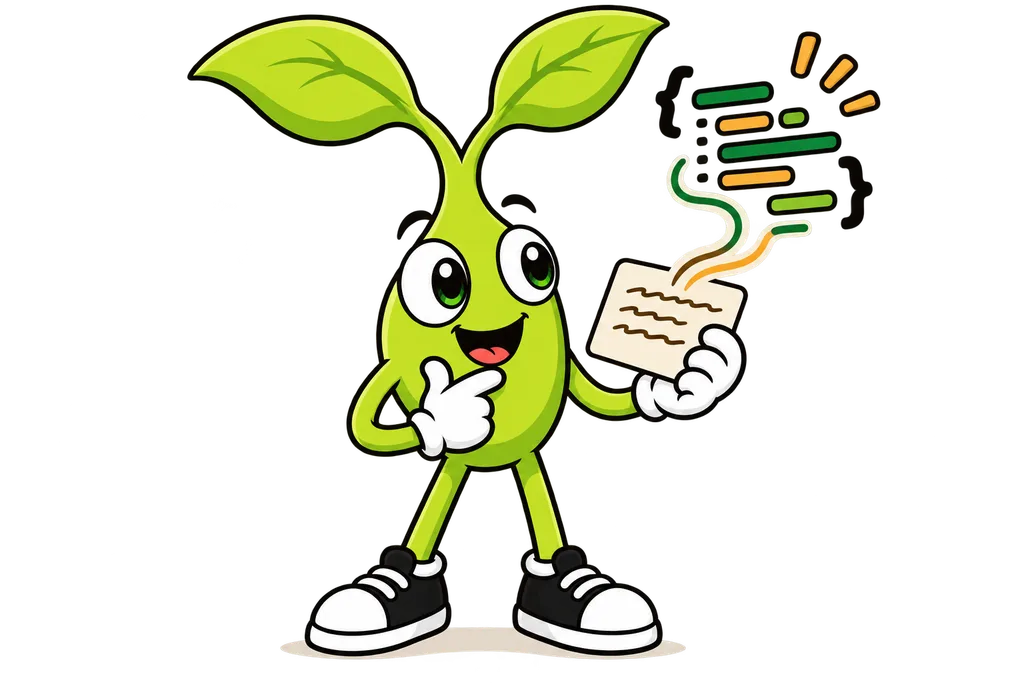 Sprout holds a cream recipe card whose handwritten squiggles peel off into floating coloured code bars and curly braces