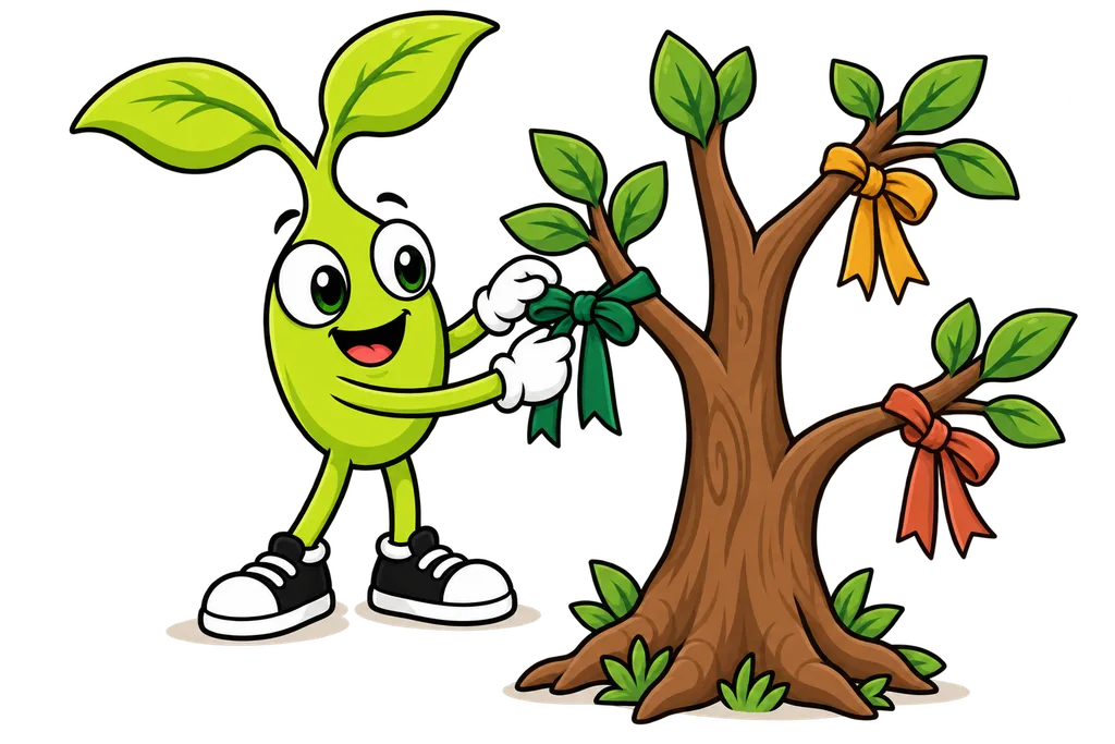 Sprout ties a different coloured ribbon onto each branch growing from a tree trunk