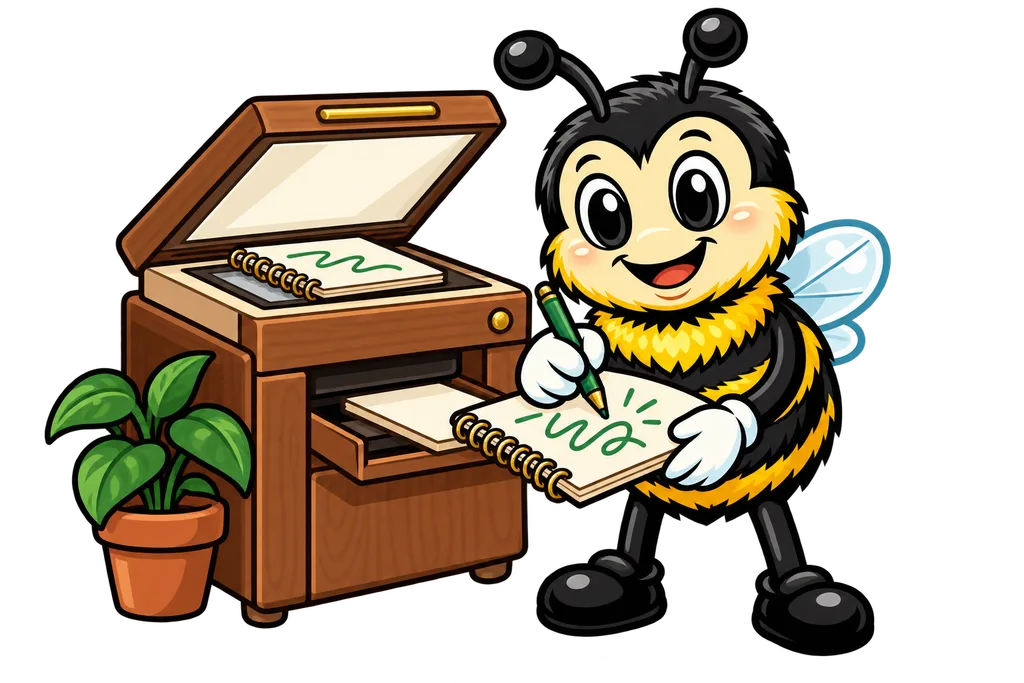Buzz takes a copy of a notebook from a photocopier and doodles in it