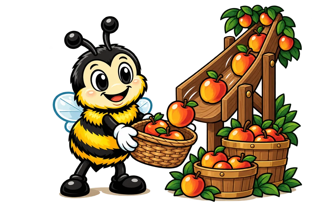 Buzz catches apples rolling down a wooden chute from an orchard above