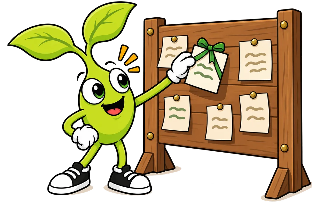 Sprout takes the green ribboned card off a wooden job board