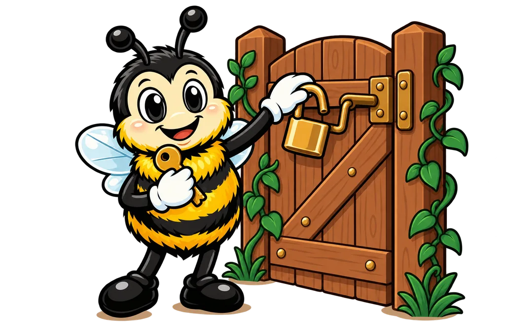 Buzz keeps an amber key close while hanging the matching brass padlock on a gate
