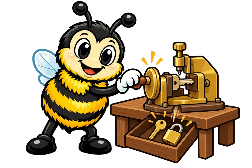 Buzz cranks a key cutting machine that drops out a matching key and padlock