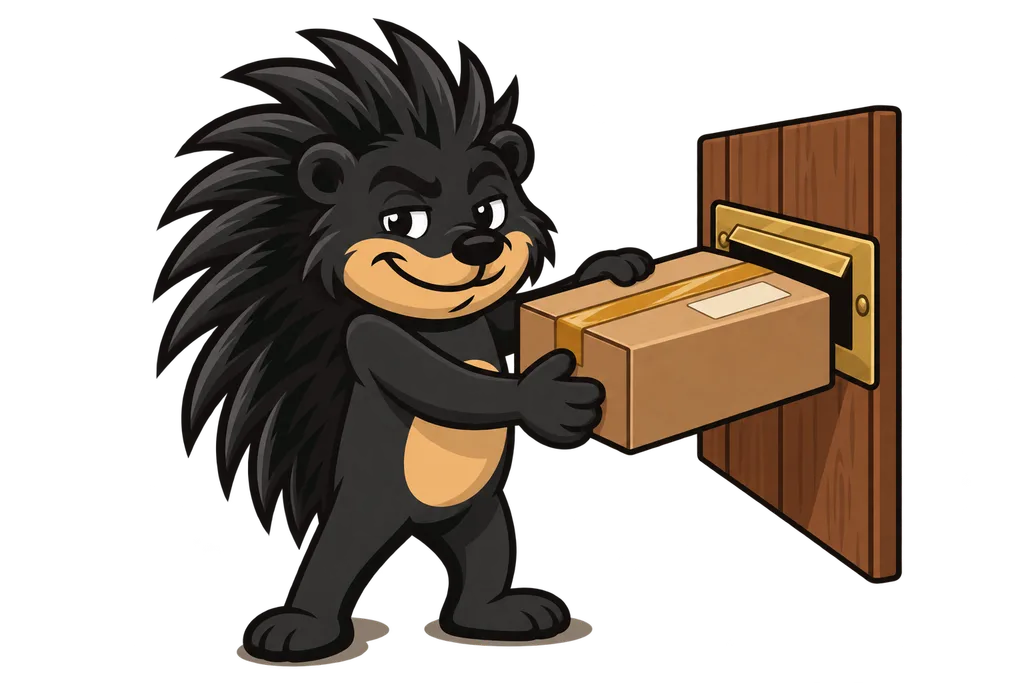 Pixl tapes up a packed cardboard box next to a brass mail slot