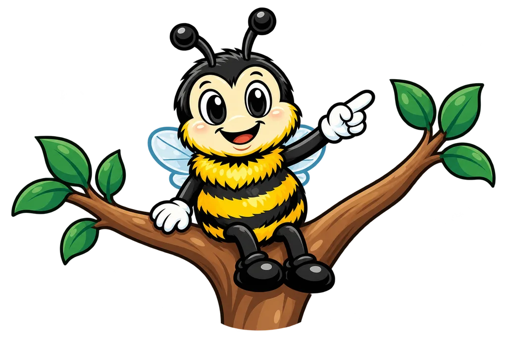 Buzz sits at the fork of a tree branch that splits in two, pointing at the new branch