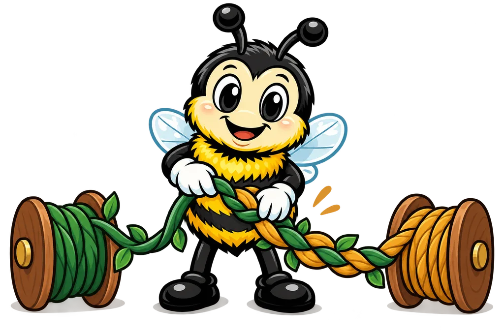 Buzz braids a green rope and an amber rope together into one