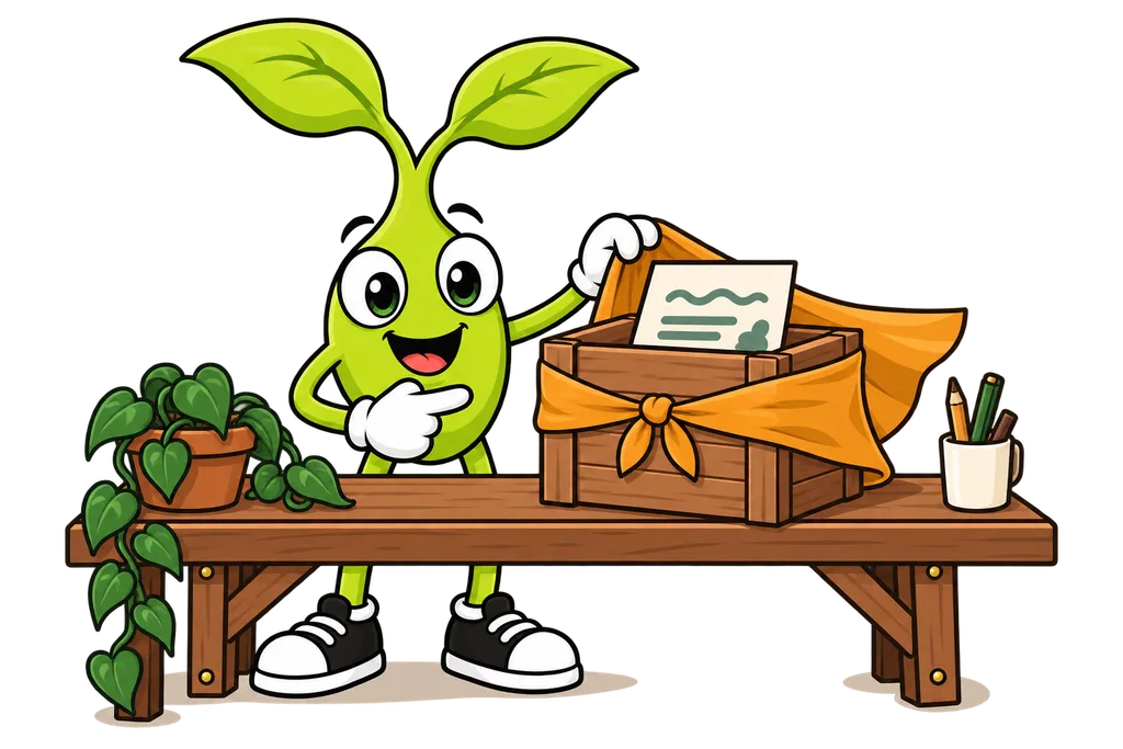 Sprout sets down a new wooden crate wearing a little cape, one page tucked inside