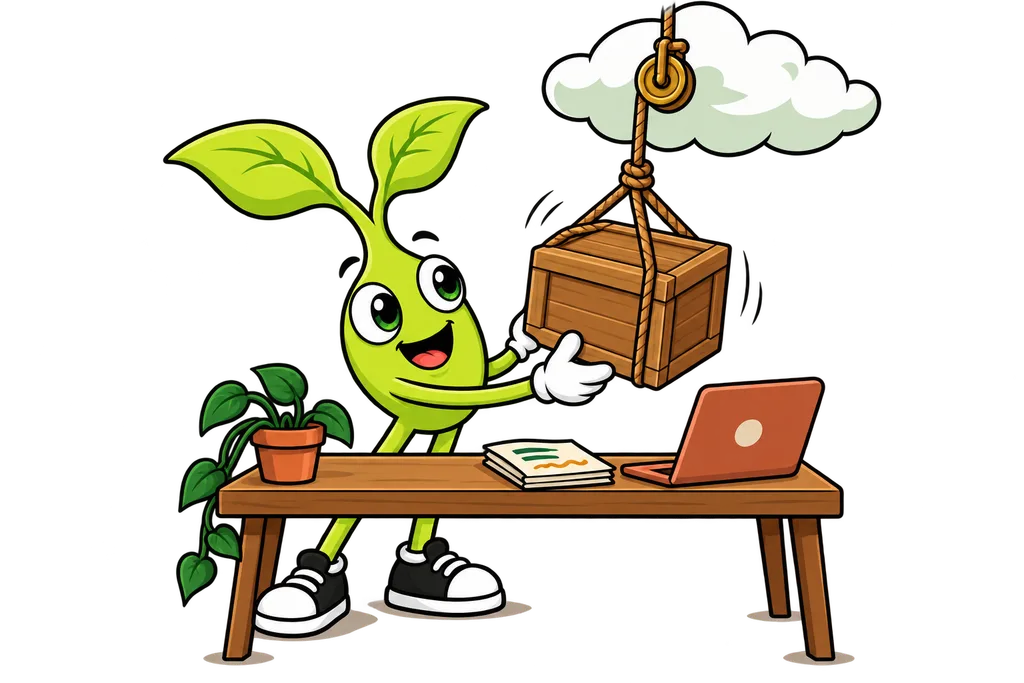 Sprout catches a crate lowered by rope from a cloud onto his desk