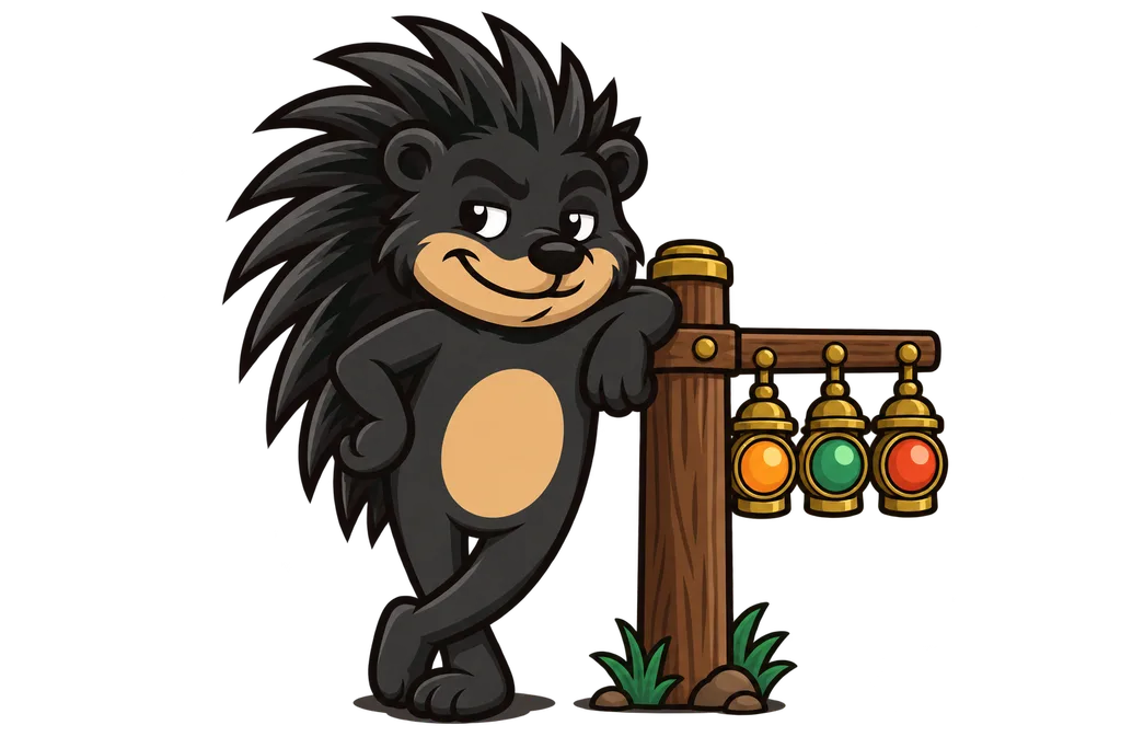 Pixl leans on a post with amber, green and red signal lamps