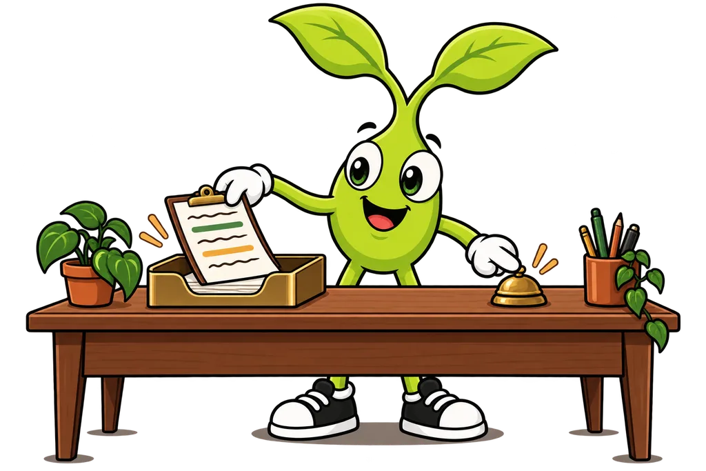 Sprout puts a draft on a clipboard into a brass tray and rings a small bell