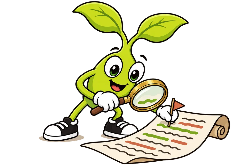 Sprout inspects a page of green and terracotta highlighted lines and flags one