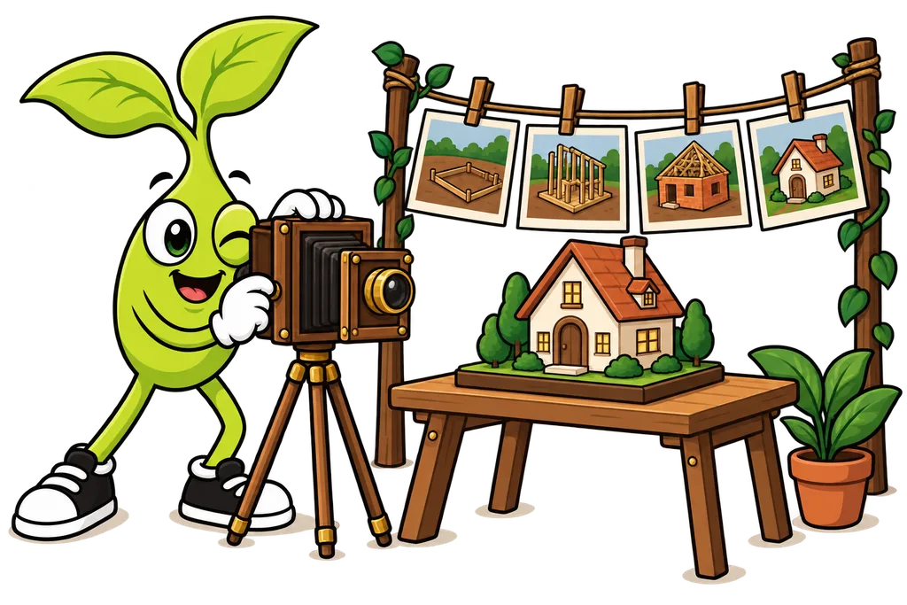 Sprout photographs a model house as earlier photos of it hang on a clothesline behind