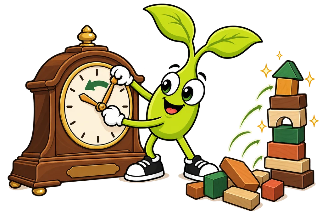 Sprout winds a wooden clock backward as a fallen block tower stands back up