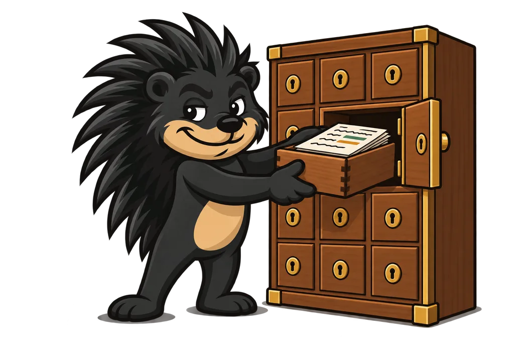 Pixl stores a box of project papers in a brass trimmed safe deposit locker