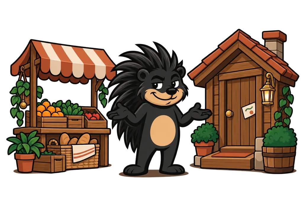 Pixl stands between an open market stall and a closed cabin with an invitation card