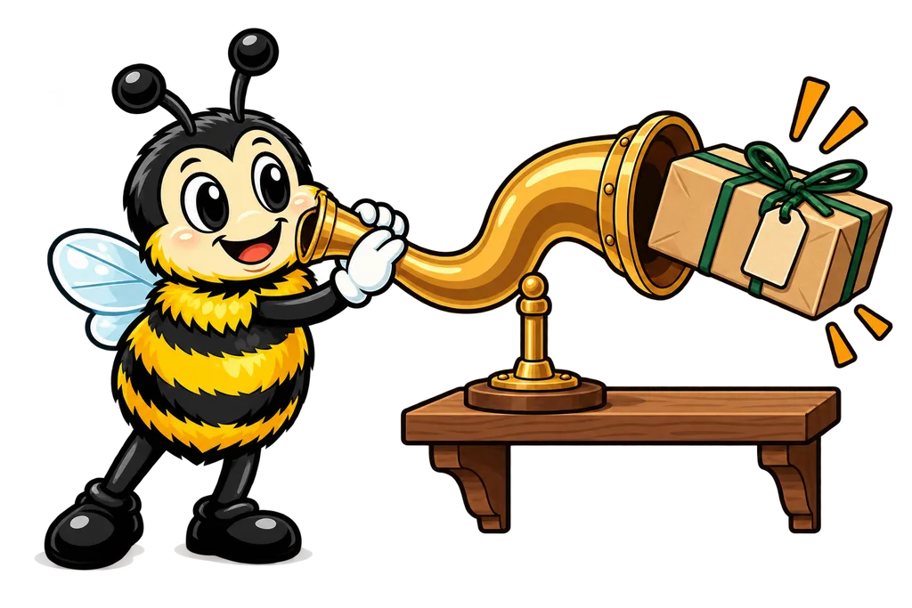 Buzz talks into a brass speaking tube that delivers a wrapped parcel at the other end