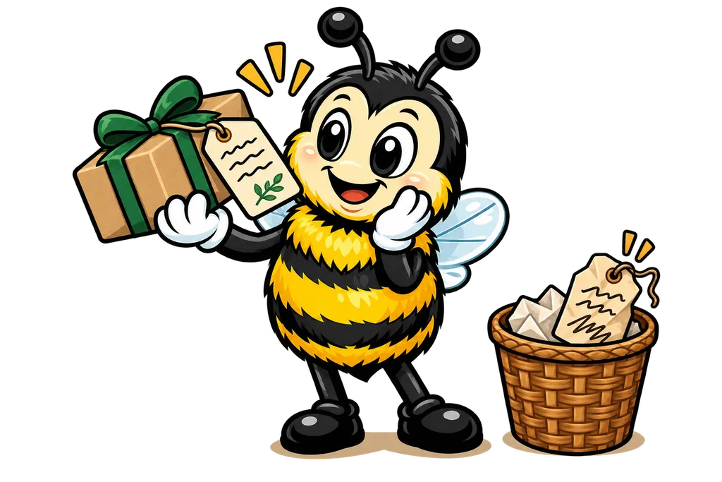 Buzz admires a neat tag on a parcel while a crumpled tag sits in a bin