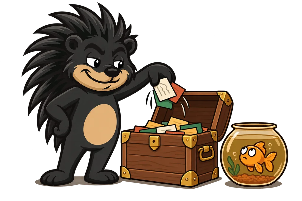 Pixl drops coloured cards into a brass cornered wooden chest beside a blank staring goldfish in a bowl