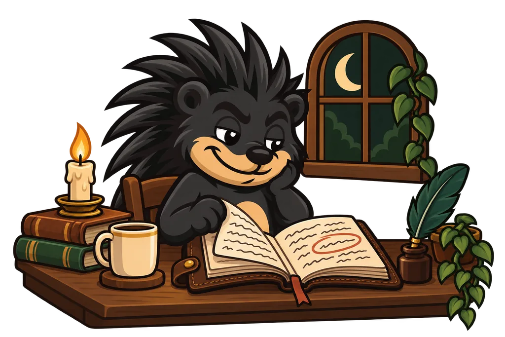 Pixl reads a leather diary with one squiggly entry circled in ink by candlelight at night