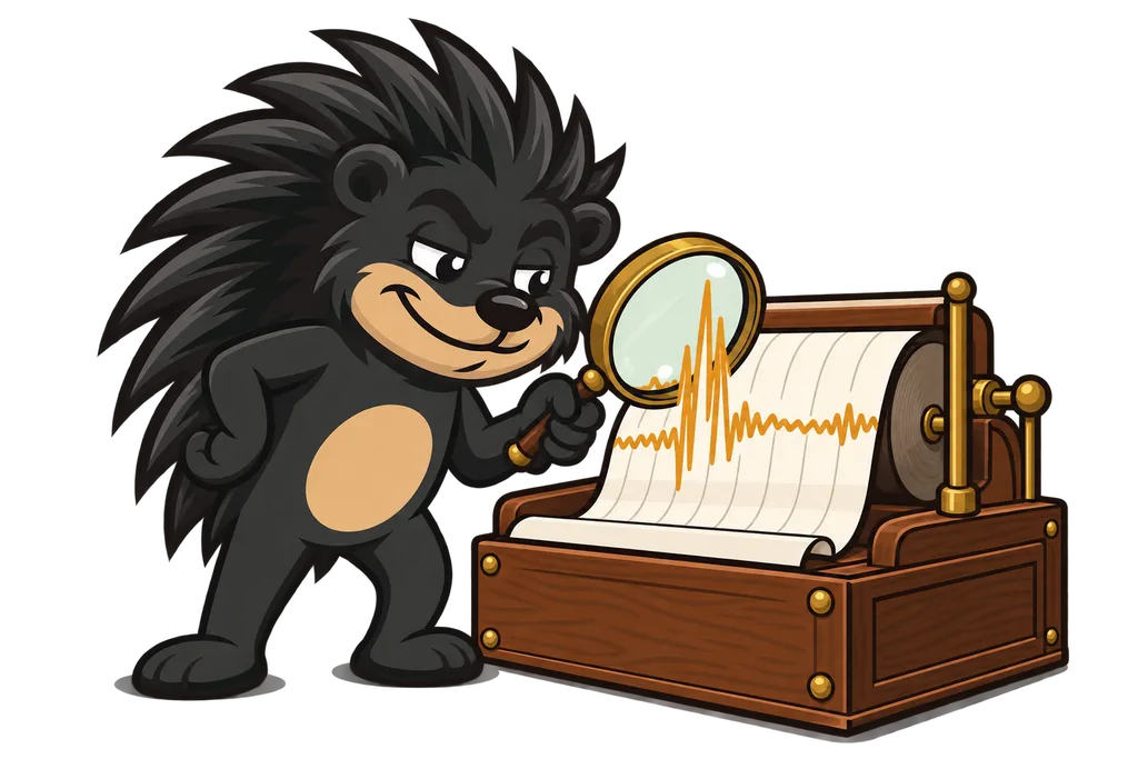 Pixl inspects a spike on a paper chart coming out of a wooden recording machine