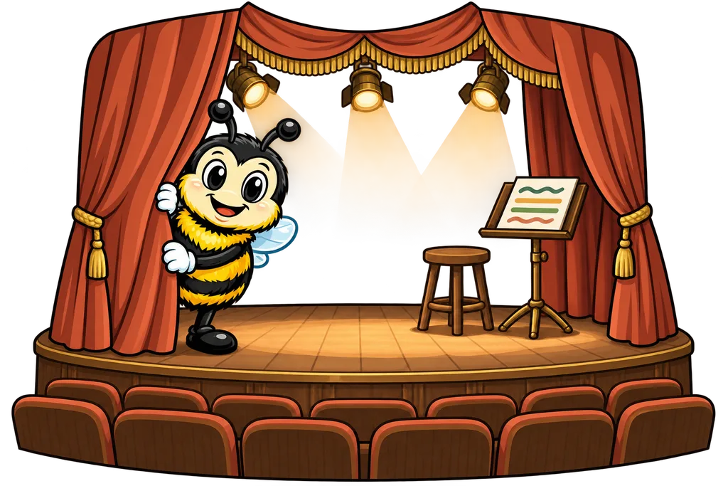 Buzz peeks from a terracotta curtain at a lit rehearsal stage with empty wooden seats