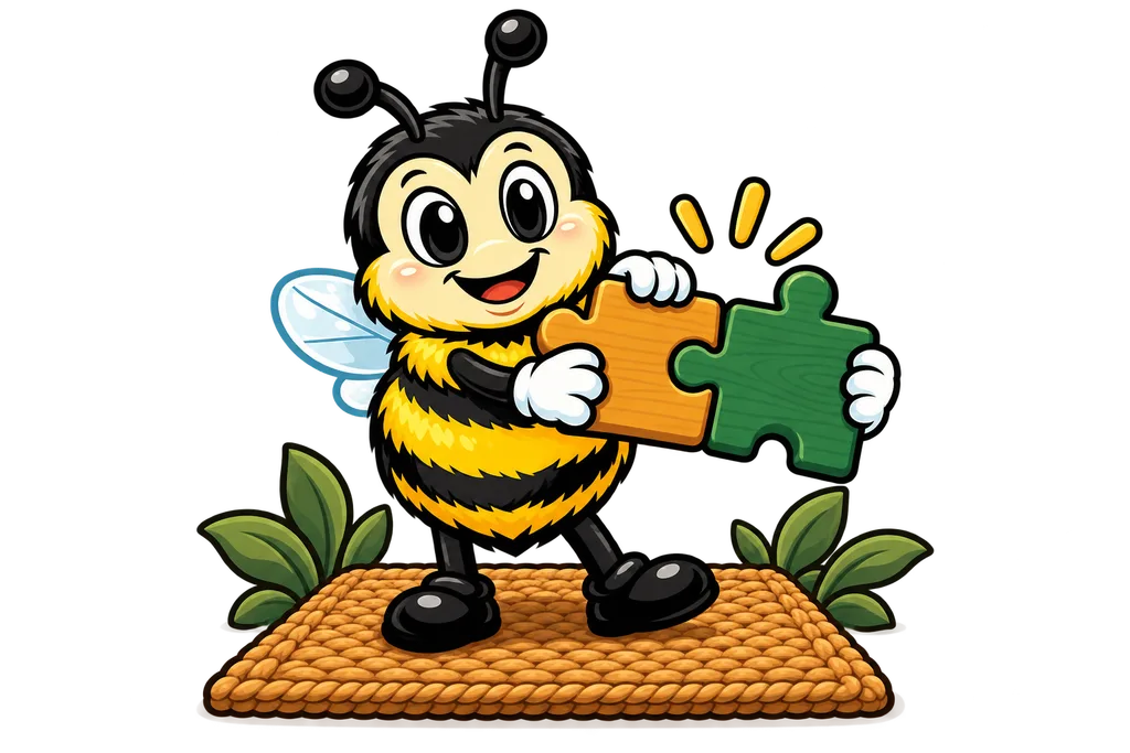 Buzz joins an amber and a green puzzle piece while standing on a woven welcome mat
