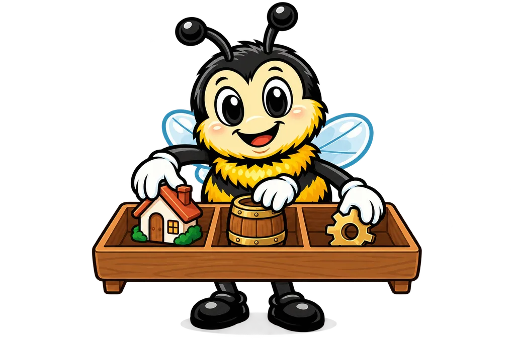 Buzz fills a wooden compartment tray with a tiny house, a little barrel and a brass gear
