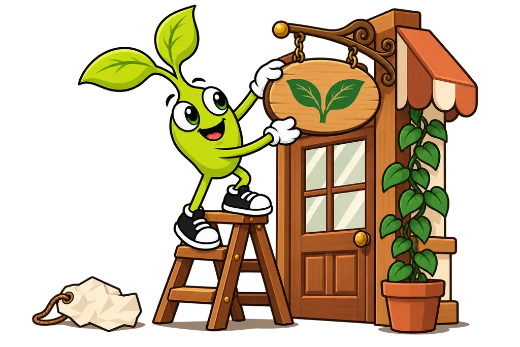 Sprout hangs a wooden leaf emblem sign over a shop door while a crumpled paper tag lies below