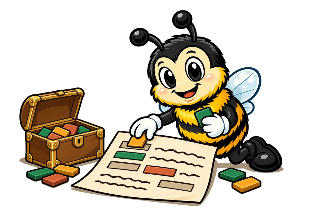 Buzz fills blank gaps in an ink outlined form letter with coloured tiles from a brass lockbox