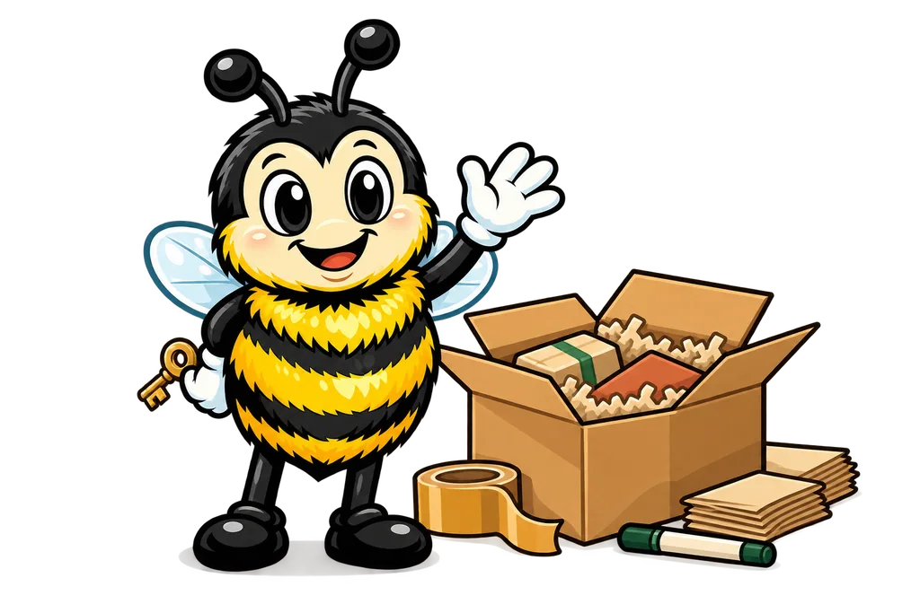 Buzz hides a brass key behind its back next to an open cardboard shipping box