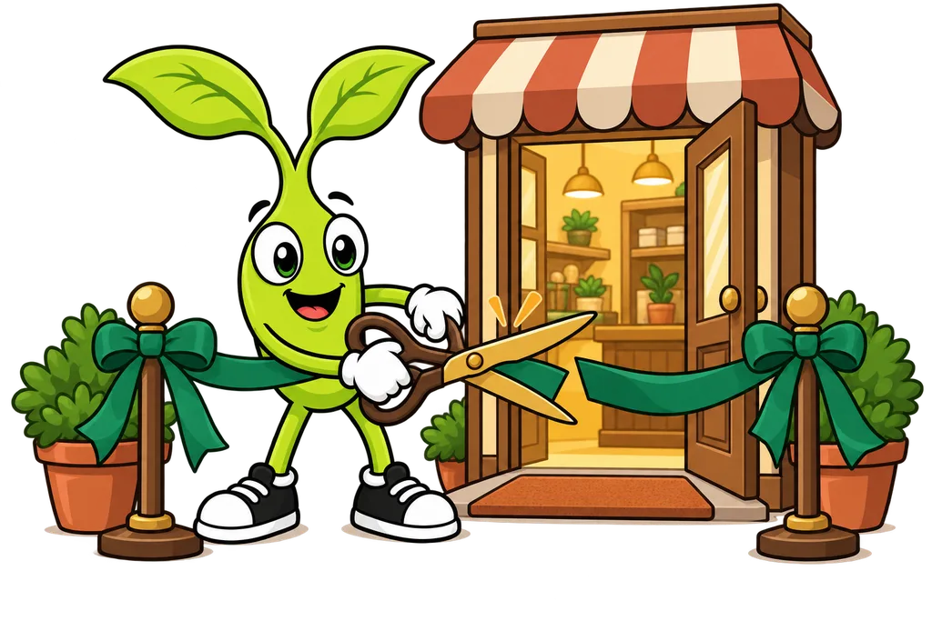 Sprout cuts a green ribbon in front of a tiny shop with its door open and light spilling out