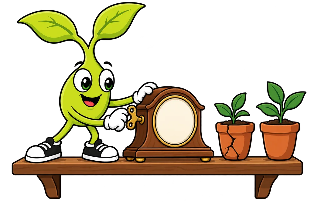Sprout turns back a wooden clock's hands beside a cracked clay pot and a whole matching pot