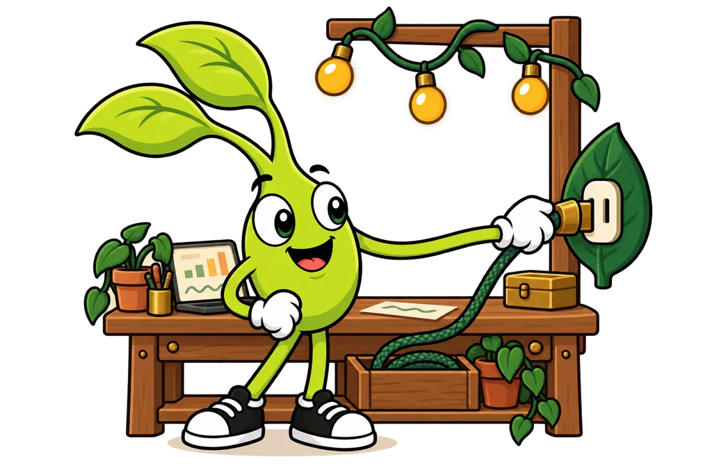 Sprout plugs a braided cord from a wooden workbench into a leaf socket and amber bulbs light up