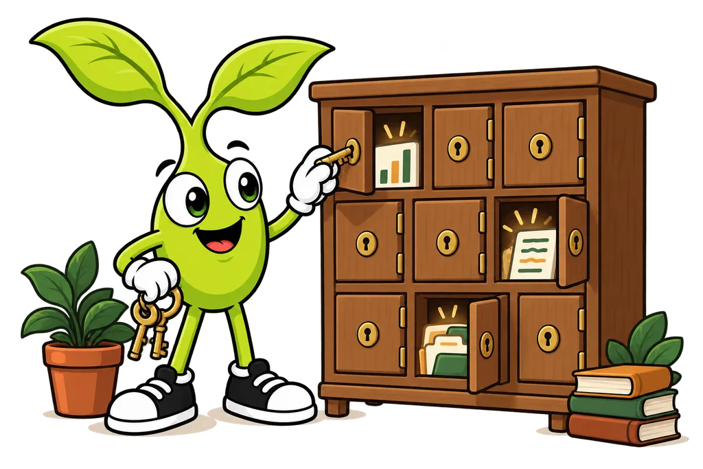 Sprout unlocks a few chosen doors in a wall of wooden cubbies with a brass key
