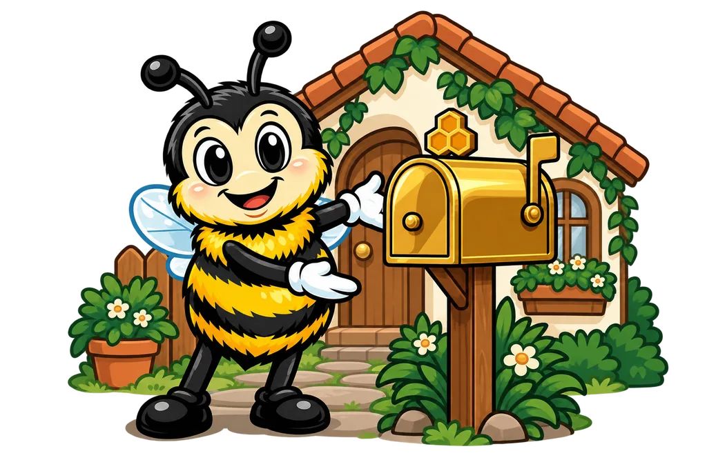 Buzz shows off a brass mailbox with a honeycomb emblem on a post outside a cottage
