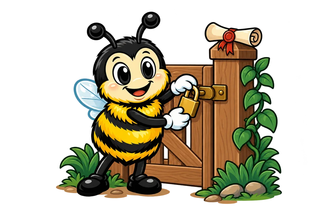 Buzz locks a brass padlock on a garden gate beside a scroll with a wax seal