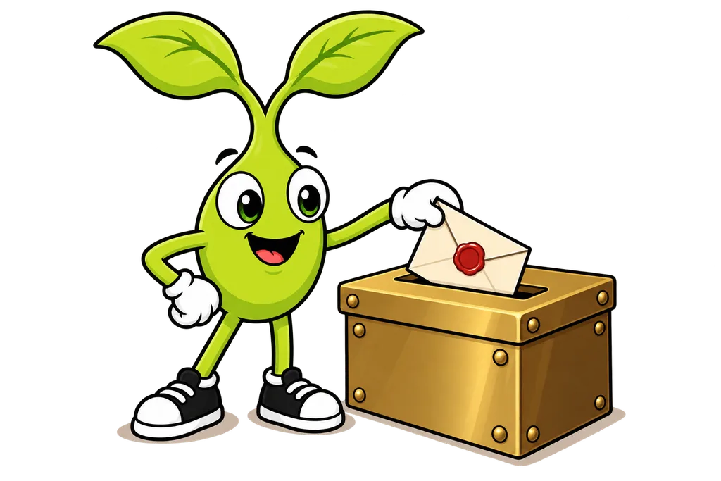 Sprout slides a wax sealed envelope into a closed brass box with only a slot