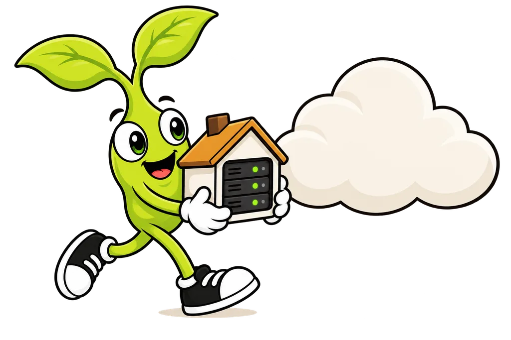 Sprout carries a tiny house shaped server toward a big fluffy cloud