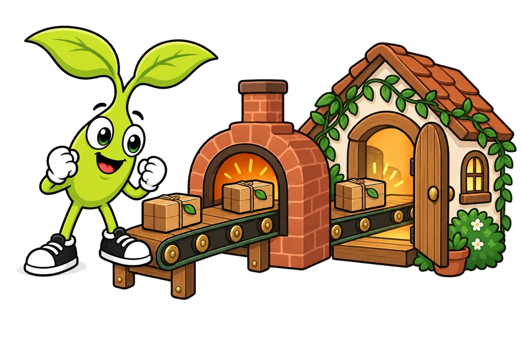 Sprout watches a parcel ride a conveyor through a brick oven to a lit cottage with an open door