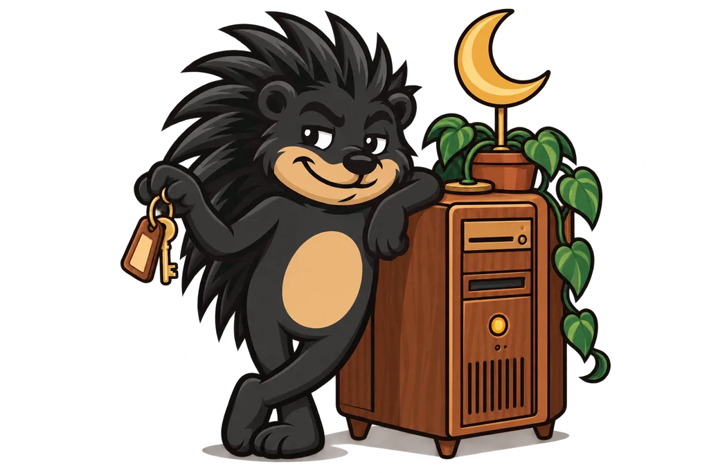 Pixl leans on a glowing wooden cabinet computer under a crescent moon, holding a brass rental key