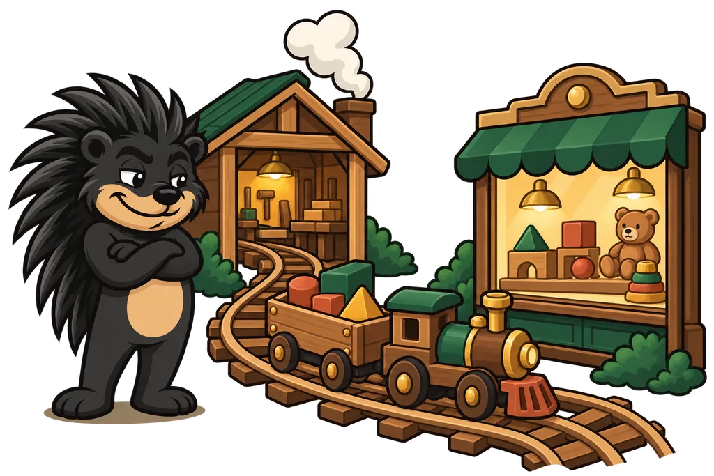 Pixl watches a wooden toy train carry coloured blocks from a workshop to a glowing shop window