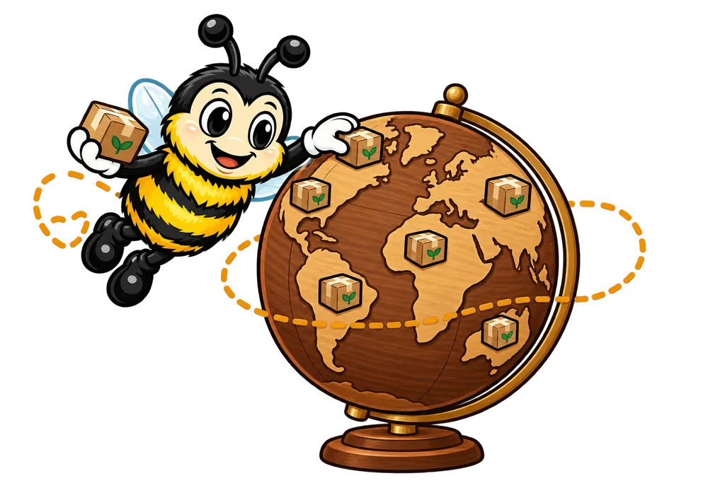 Buzz flies around a wooden globe placing identical small parcels on different continents