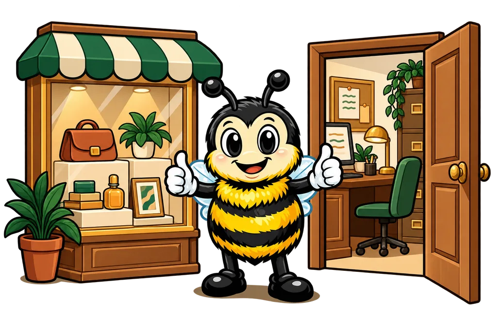 Buzz gives thumbs up between a shop display window and an open back office with a desk