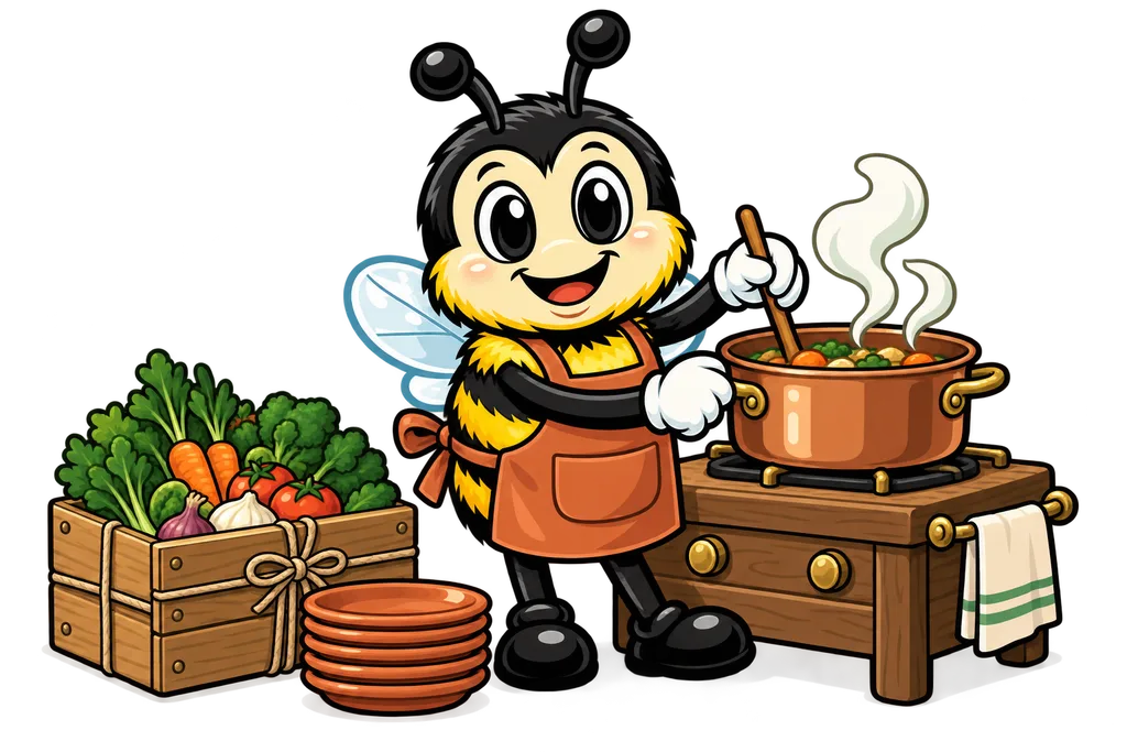 Buzz in an apron stirs a copper pot beside a delivered crate of vegetables and a stack of plates