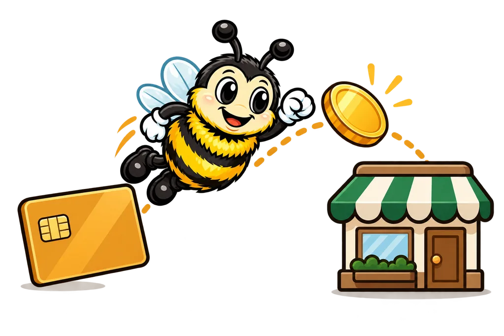 Buzz flies beside a gold coin travelling from a payment card to a small shop with a striped green awning