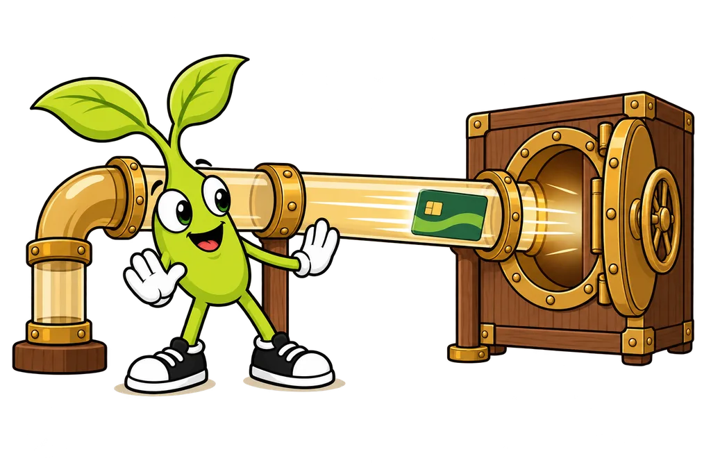 Sprout watches a payment card travel through a brass tube past him into a wooden vault