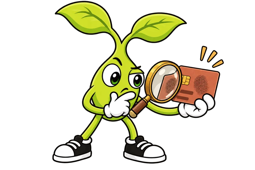 Sprout examines a payment card with a magnifying glass and finds a smudged fingerprint